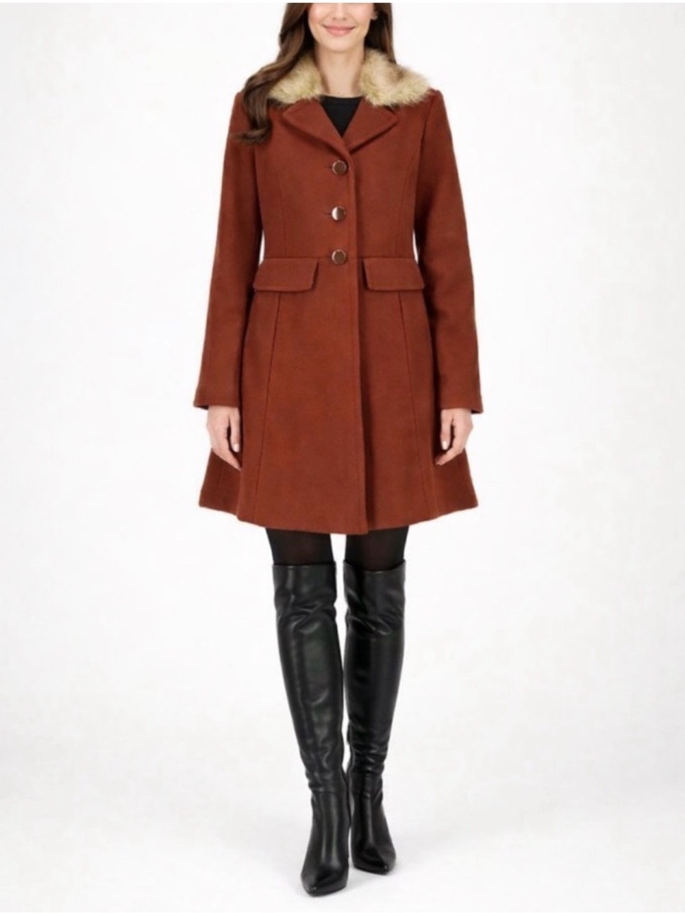 Kate Spade Women’s Faux-Fur Collar Wool Blend Coat in Rust